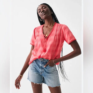 FAHERTY  100% Organic Cotton Margate Short Sleeve Checkered Blouse Size XXS